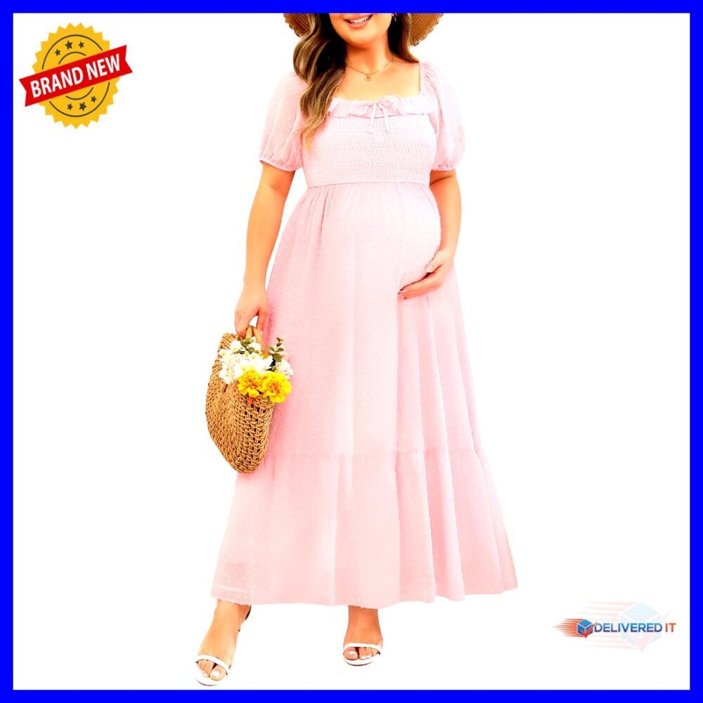 Plus Size Maternity Maxi Dress Smocked Square Neck Puff Sleeves Formal